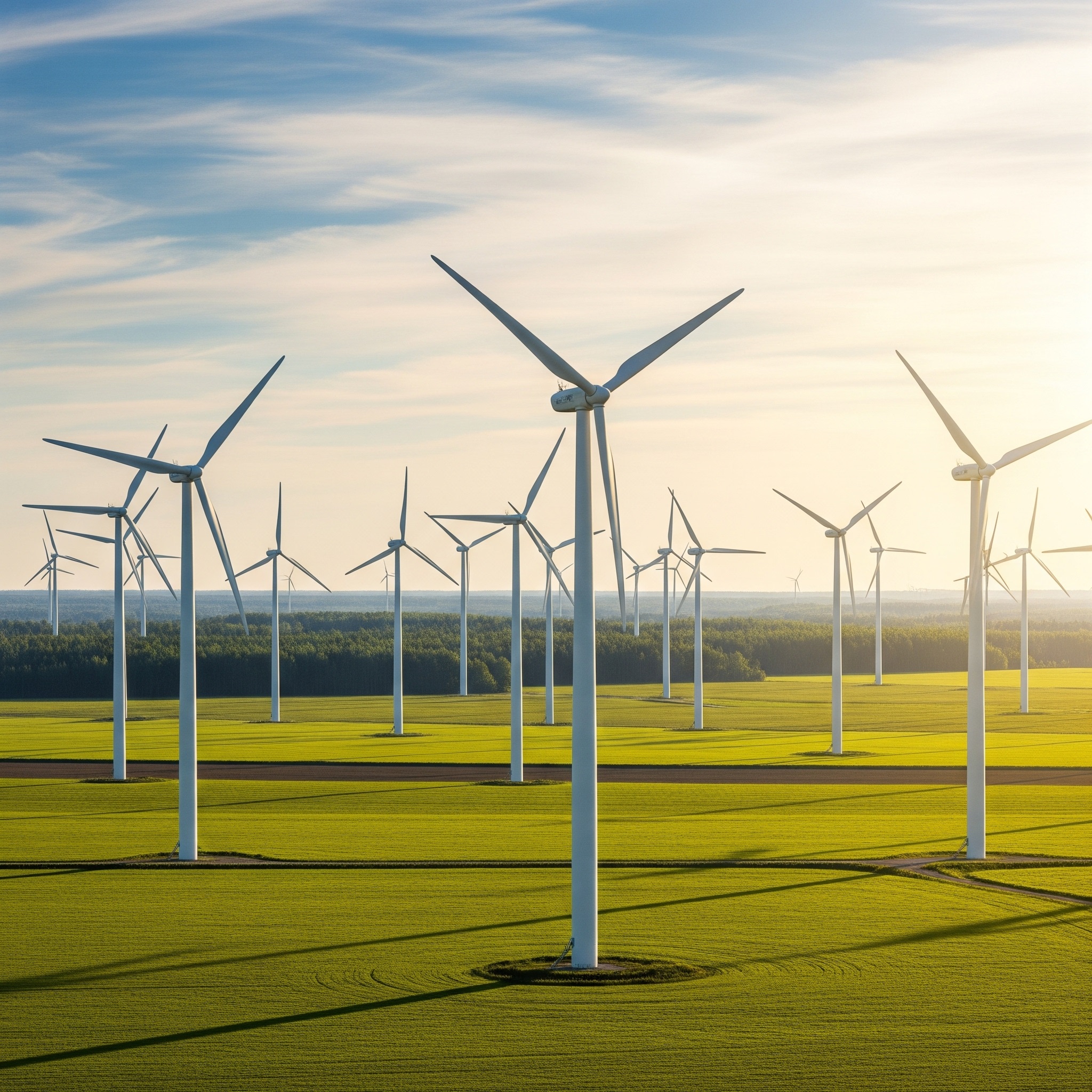 Vėjo jėgainių parkas saulėtekio spinduliuose